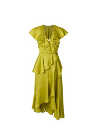 Зелено-желтое платье с запахом с рюшами от Temperley London