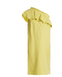 Зелено-желтое платье с рюшами