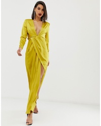 Зелено-желтое сатиновое вечернее платье с разрезом от ASOS EDITION