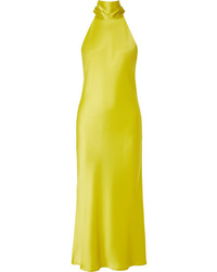 Зелено-желтое сатиновое платье-миди