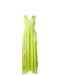 Зелено-желтое шифоновое вечернее платье с рюшами