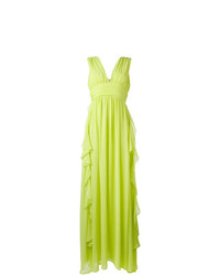 Зелено-желтое шифоновое вечернее платье с рюшами от MSGM