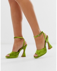 Зелено-желтые замшевые босоножки на каблуке от ASOS DESIGN