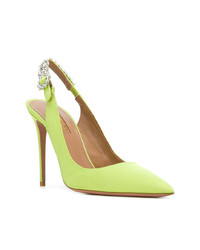 Зелено-желтые кожаные туфли с украшением от Aquazzura