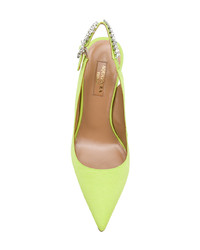 Зелено-желтые кожаные туфли с украшением от Aquazzura