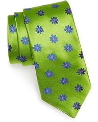 Зелено-желтый шелковый галстук с цветочным принтом