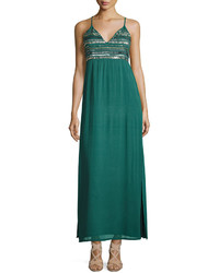 Зеленое платье-макси из бисера с украшением