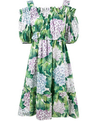 Зеленое платье с открытыми плечами с принтом от Dolce & Gabbana