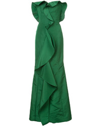 Зеленое шелковое вечернее платье с рюшами от Oscar de la Renta