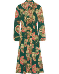 Зеленое шелковое платье-миди со складками от Gucci
