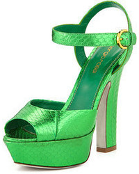 Зеленые босоножки на каблуке