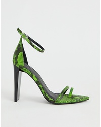 Зеленые кожаные босоножки на каблуке со змеиным рисунком от ASOS DESIGN