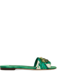Зеленые сатиновые сандалии на плоской подошве с принтом от Dolce & Gabbana