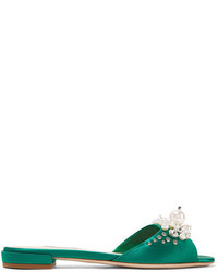 Зеленые сатиновые сандалии на плоской подошве с украшением от Miu Miu