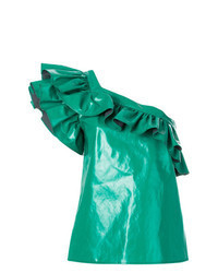 Зеленый кожаный топ без рукавов с рюшами