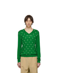 Мужской зеленый свитер с v-образным вырезом с принтом от Gucci