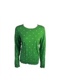 Зеленый свитер с круглым вырезом в горошек