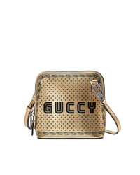 Золотая кожаная сумка через плечо с принтом от Gucci