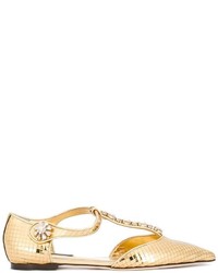 Золотые кожаные балетки с украшением от Dolce & Gabbana