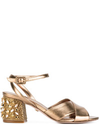 Золотые кожаные босоножки на каблуке с украшением от Le Silla