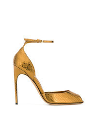 Золотые кожаные босоножки на каблуке со змеиным рисунком