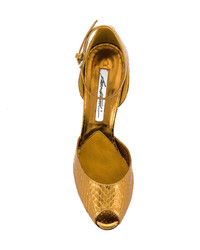 Золотые кожаные босоножки на каблуке со змеиным рисунком от Brian Atwood