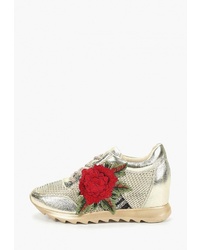 Золотые кожаные кроссовки на танкетке с цветочным принтом от Grand Style