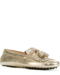 Женские золотые кожаные лоферы c бахромой от Tod's