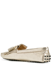 Женские золотые кожаные лоферы c бахромой от Tod's