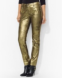 Золотые кожаные узкие брюки
