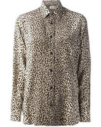 Коричневая блуза на пуговицах с леопардовым принтом от Saint Laurent
