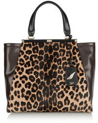 Коричневая кожаная большая сумка с леопардовым принтом от Diane von Furstenberg