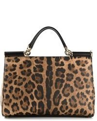 Коричневая кожаная большая сумка с леопардовым принтом от Dolce & Gabbana