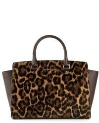 Коричневая кожаная большая сумка с леопардовым принтом от MICHAEL Michael Kors