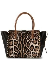 Коричневая кожаная большая сумка с леопардовым принтом от Valentino Garavani