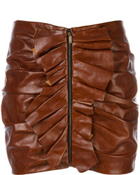 Коричневая кожаная мини-юбка с рюшами от Saint Laurent