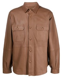 Мужская коричневая кожаная рубашка с длинным рукавом от 424