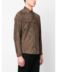Мужская коричневая кожаная рубашка с длинным рукавом от Salvatore Santoro