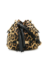 Коричневая кожаная сумка-мешок с леопардовым принтом от Moschino