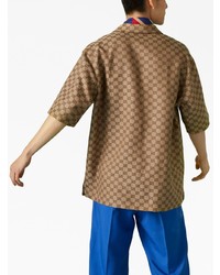 Мужская коричневая льняная рубашка с коротким рукавом с принтом от Gucci