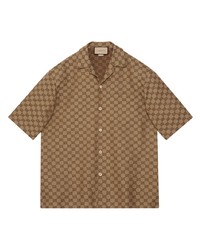 Мужская коричневая льняная рубашка с коротким рукавом с принтом от Gucci