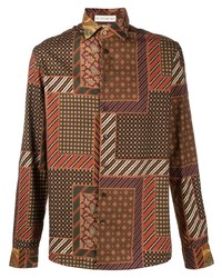 Мужская коричневая рубашка с длинным рукавом в стиле пэчворк от Etro