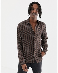 Мужская коричневая рубашка с длинным рукавом с геометрическим рисунком от ASOS DESIGN