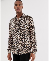 Коричневая рубашка с длинным рукавом с леопардовым принтом