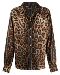Мужская коричневая рубашка с длинным рукавом с леопардовым принтом от Dolce & Gabbana