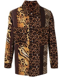 Мужская коричневая рубашка с длинным рукавом с леопардовым принтом от Pierre Louis Mascia