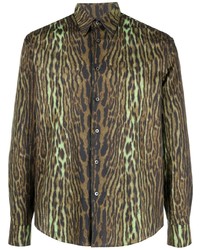 Мужская коричневая рубашка с длинным рукавом с леопардовым принтом от Roberto Cavalli