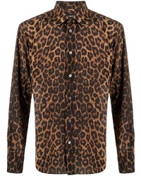 Мужская коричневая рубашка с длинным рукавом с леопардовым принтом от Tom Ford
