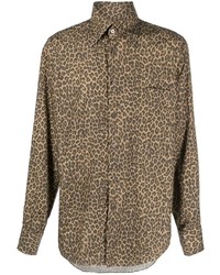 Мужская коричневая рубашка с длинным рукавом с леопардовым принтом от Tom Ford