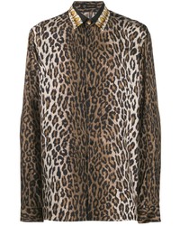 Мужская коричневая рубашка с длинным рукавом с леопардовым принтом от Versace